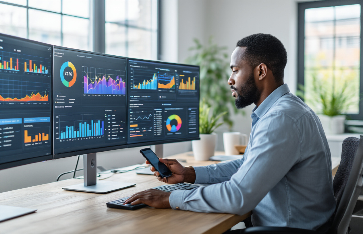 Create a realistic image of a modern workspace with multiple computer monitors displaying colorful analytics dashboards, charts, and graphs showing website performance metrics, with a black male professional in business casual attire analyzing the data while holding a smartphone, surrounded by a clean office environment with natural lighting from large windows, depicting focused concentration and digital optimization work, absolutely NO text should be in the scene.