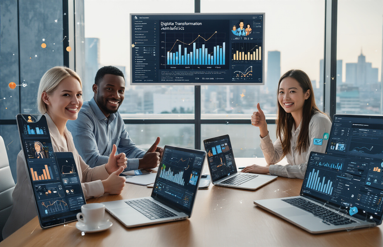 Create a realistic image of a diverse group of three professionals - one white female, one black male, and one Asian female - sitting around a modern conference table with laptops, smartphones, and tablets displaying various social media analytics dashboards and growth charts, celebrating their successful 30-day digital transformation with genuine smiles and thumbs up gestures, set in a bright contemporary office space with large windows showing a city skyline, warm natural lighting creating an optimistic and achievement-focused atmosphere, with subtle digital connectivity symbols like wifi icons and network nodes floating subtly in the background air, absolutely NO text should be in the scene.