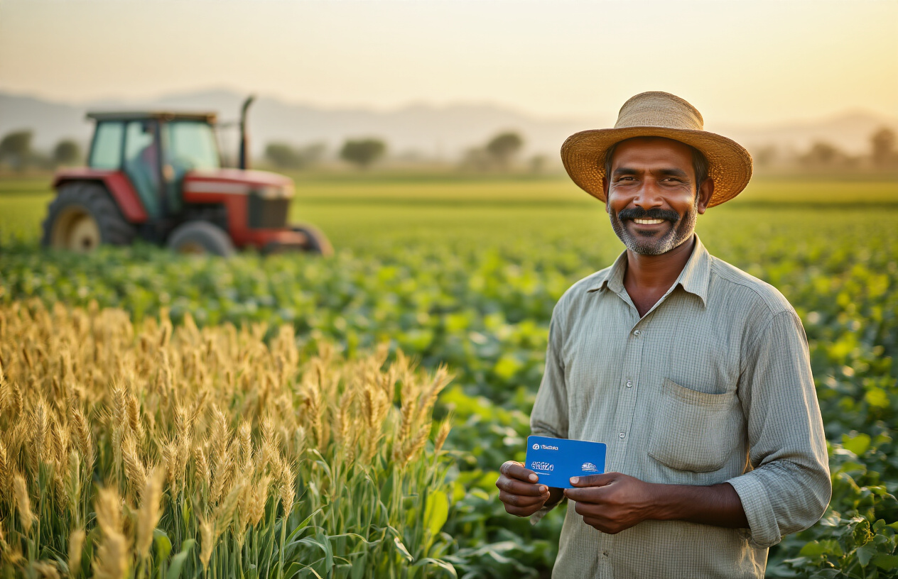 Create a realistic image of an Indian male farmer in his 40s standing confidently in a lush green agricultural field, holding a blue government card in his hand with a satisfied smile, surrounded by healthy crops like wheat and vegetables, with a modern tractor visible in the background, golden hour lighting creating a warm and hopeful atmosphere, representing agricultural prosperity and government support, with rolling farmlands extending to the horizon under a clear sky, absolutely NO text should be in the scene.