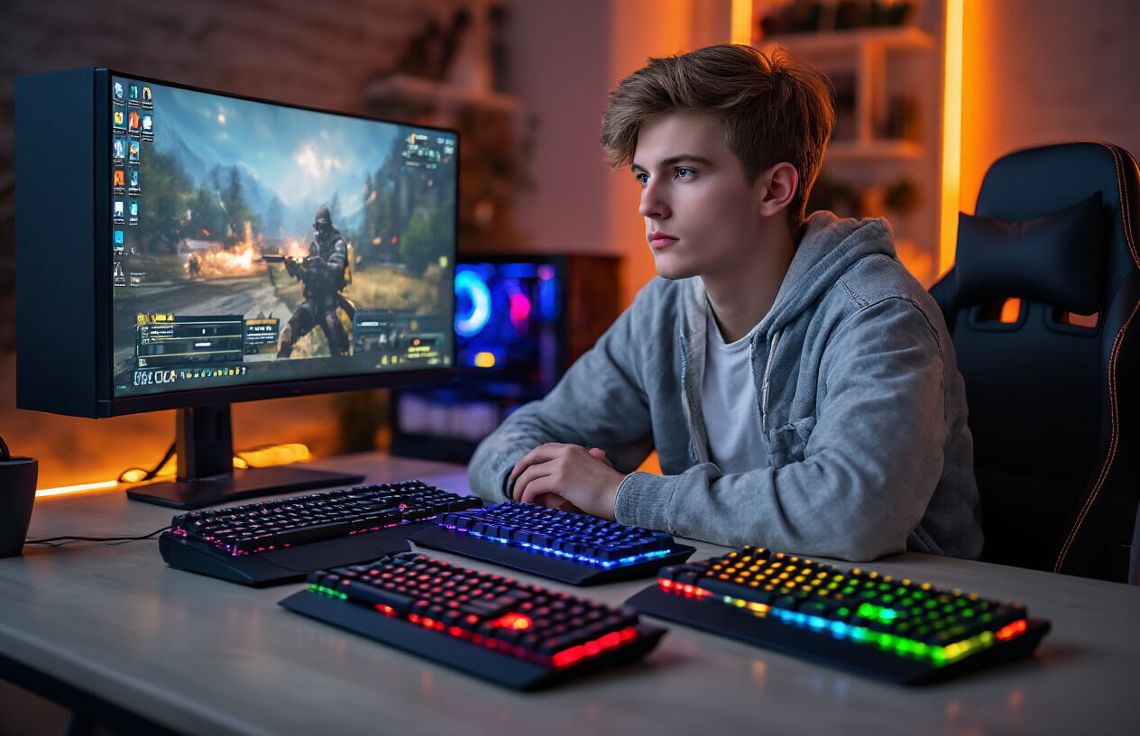 Create a realistic image of a young white male gamer sitting at a modern gaming desk, thoughtfully examining different types of gaming keyboards laid out in front of him, including mechanical, membrane, and wireless models in various sizes and RGB lighting configurations, with a gaming monitor displaying a competitive FPS game in the background, warm LED lighting illuminating the setup, creating a focused and contemplative atmosphere as he considers his gaming preferences and needs, absolutely NO text should be in the scene.
