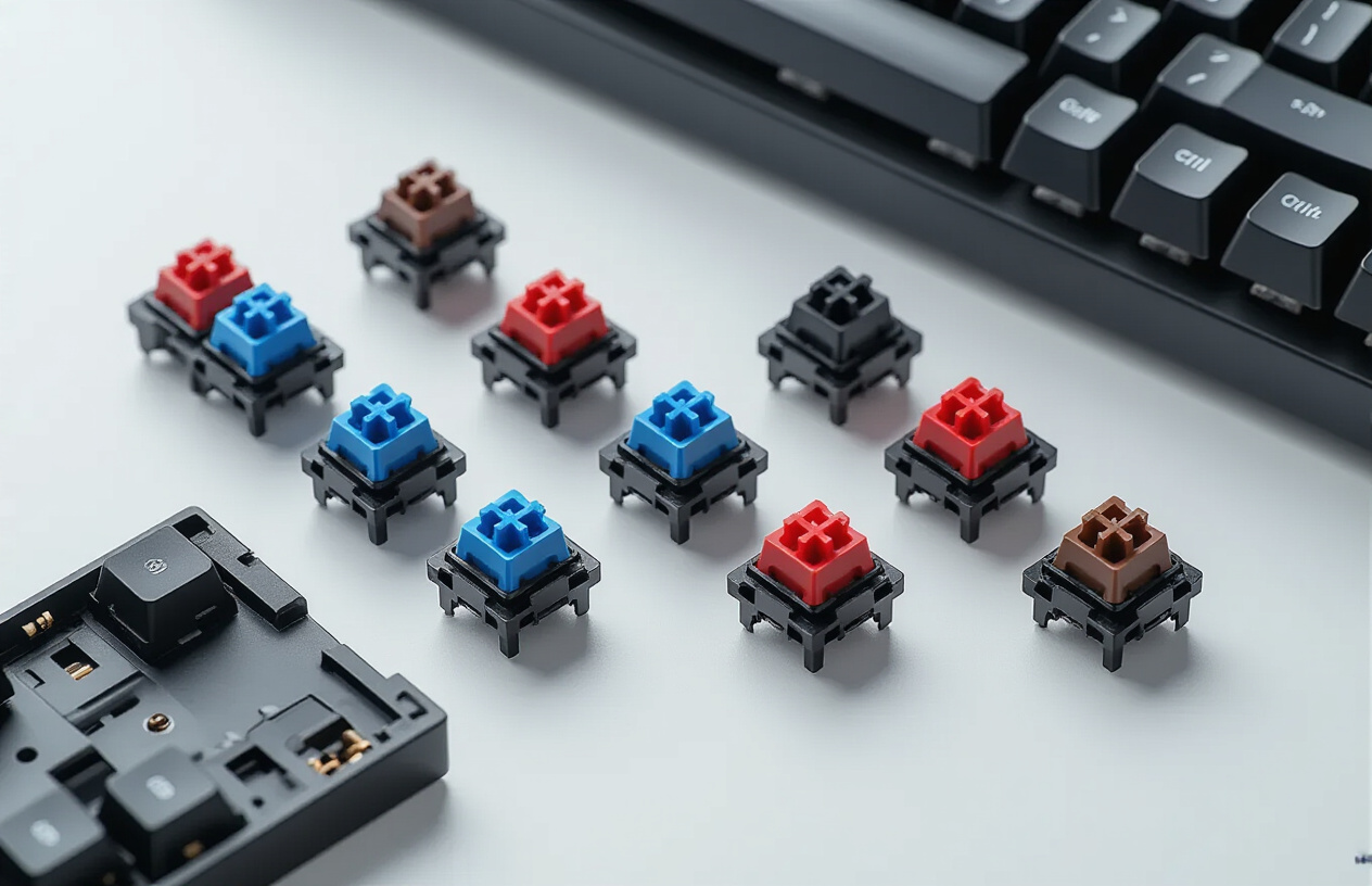 Create a realistic image of three different mechanical keyboard switches displayed side by side on a clean white surface, showing cherry MX blue, red, and brown switches with their distinctive colored stems and housing clearly visible, with a partially disassembled gaming keyboard in the background showing the switch mounting points, soft natural lighting from above creating subtle shadows, close-up macro photography style that emphasizes the mechanical details and construction differences between the switch types, absolutely NO text should be in the scene.