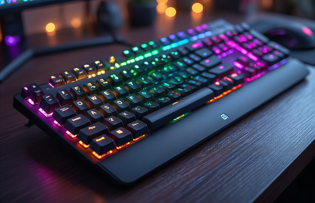 Create a realistic image of a high-end gaming keyboard with RGB backlighting displayed on a dark wooden desk surface, featuring prominent mechanical keys with visible key switches, anti-ghosting capabilities highlighted by multiple keys pressed simultaneously, detachable wrist rest, dedicated macro keys on the left side, media control buttons, and USB cable connection, surrounded by subtle gaming setup elements like a gaming mouse and mousepad in soft ambient lighting that emphasizes the keyboard's glowing RGB colors, shot from a three-quarter angle to showcase the keyboard's premium build quality and essential gaming features, absolutely NO text should be in the scene.