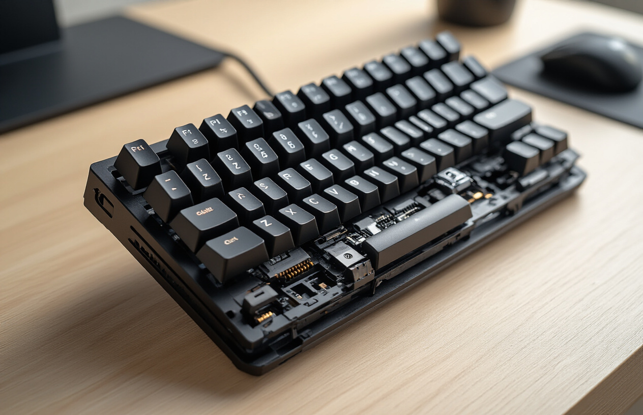 Create a realistic image of a high-quality gaming keyboard with visible build construction details, showing durable materials like aluminum frame and reinforced key switches, placed on a clean desk surface with soft natural lighting from the side, emphasizing the solid construction and premium materials, with some keys partially removed to show internal mechanisms and build quality, captured in sharp focus with a professional product photography style, absolutely NO text should be in the scene.