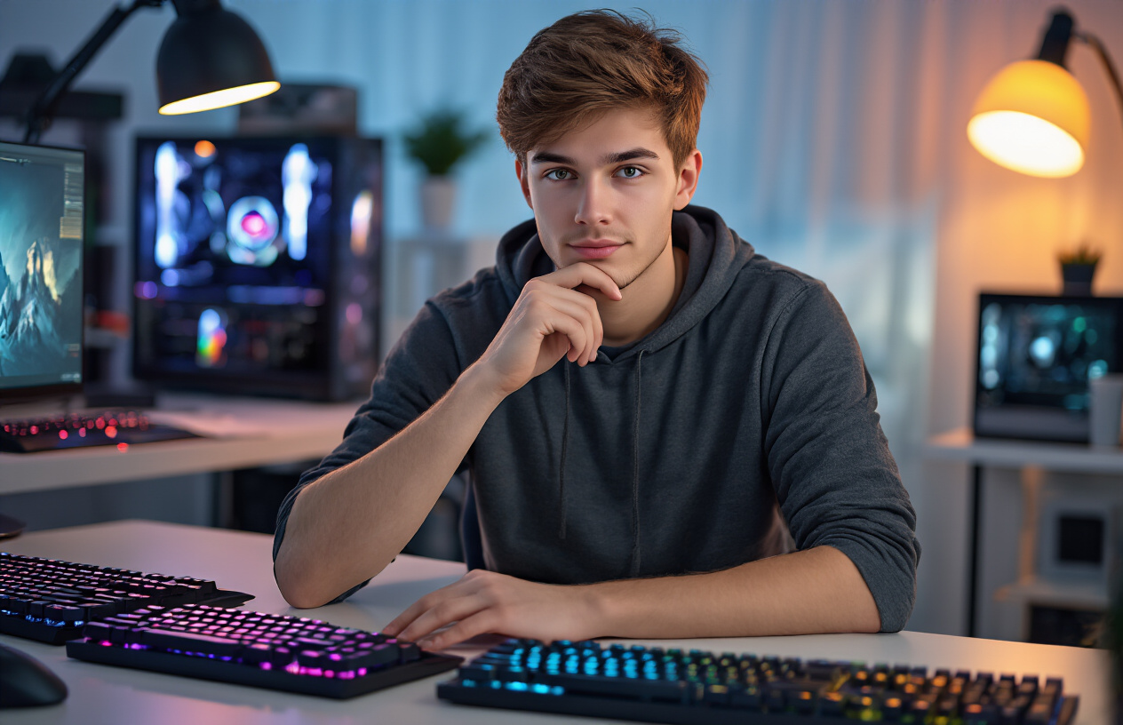 Create a realistic image of a confident young white male sitting at a modern desk with multiple gaming keyboards displayed in front of him, one hand thoughtfully touching his chin while the other hand hovers over his final keyboard choice, warm ambient lighting from a desk lamp creating a focused atmosphere, clean organized workspace with subtle tech accessories in the background, expressing satisfaction and certainty in his decision-making process, absolutely NO text should be in the scene.
