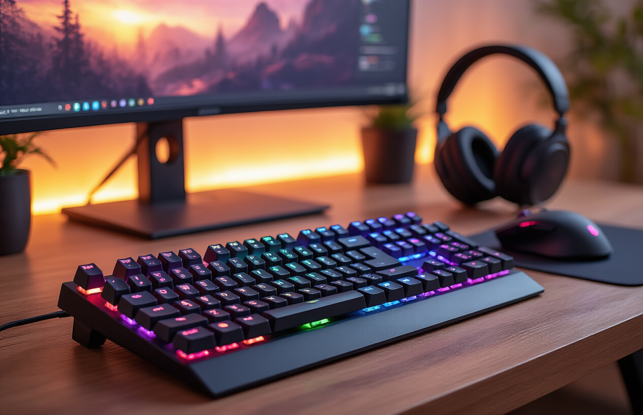 Create a realistic image of a modern gaming setup on a wooden desk featuring a sleek mechanical gaming keyboard as the centerpiece with RGB backlighting, surrounded by a high-resolution gaming monitor, gaming mouse, mousepad, and headphones, with soft ambient lighting creating a warm and inviting atmosphere in a clean modern room background, shot from a slightly elevated angle to showcase the complete setup, absolutely NO text should be in the scene.