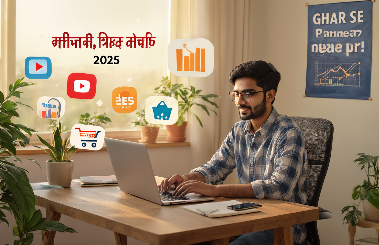 Create a realistic image of a modern Indian home office setup with a young Indian male sitting at a wooden desk with a laptop, smartphone, and notebook, surrounded by visual elements representing online income streams including floating icons of YouTube play button, freelancing symbols, e-commerce shopping cart, and investment charts, with warm natural lighting from a window, plants in the background, and the Hindi text "घर से पैसे कमाएं 2025" displayed prominently on a wall poster behind him, conveying a productive and successful work-from-home atmosphere.