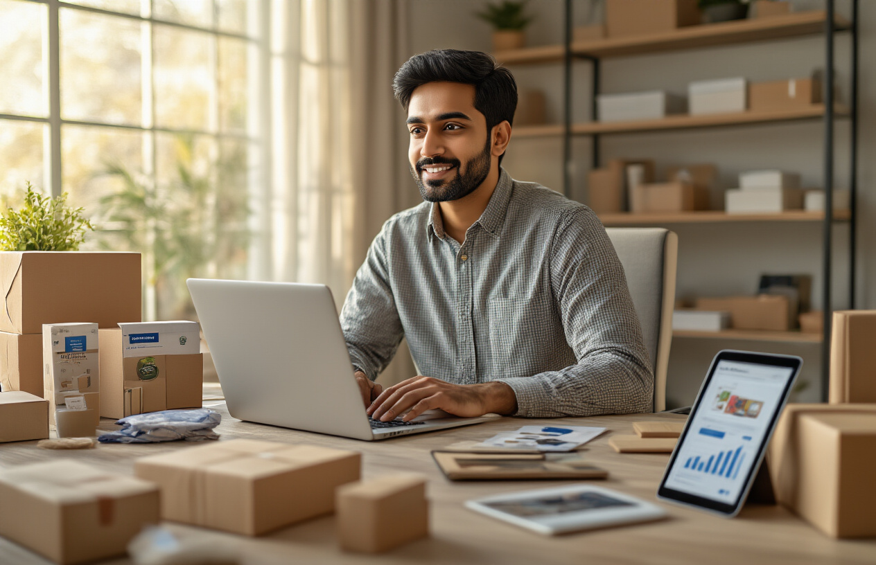 Create a realistic image of an Indian male entrepreneur in his 30s sitting at a modern home office desk with a laptop open, surrounded by e-commerce elements including product packages, shipping boxes, a smartphone displaying an online store interface, and a tablet showing sales charts, with warm natural lighting from a nearby window creating a professional yet comfortable work-from-home atmosphere, featuring a clean organized workspace with shelves containing various products in the background. Absolutely NO text should be in the scene.