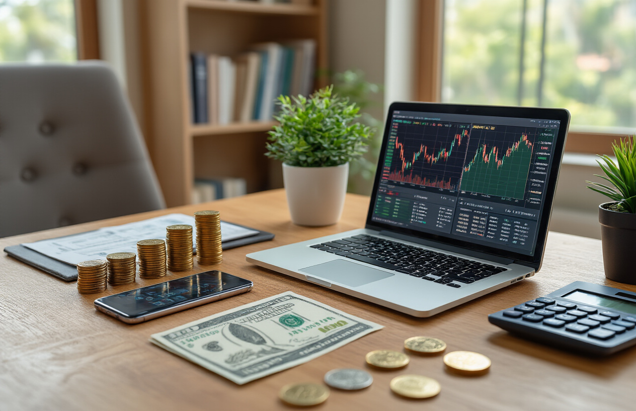 Create a realistic image of a modern home office setup showing investment and passive income concepts, featuring a clean wooden desk with a laptop displaying stock charts and graphs, multiple smartphones showing investment apps, stacks of coins and paper money arranged neatly, a small potted plant, a calculator, and financial documents spread on the desk, with a comfortable chair and bookshelves containing finance books in the background, warm natural lighting from a window, creating a professional and prosperous atmosphere that represents smart investment strategies and passive income generation, absolutely NO text should be in the scene.
