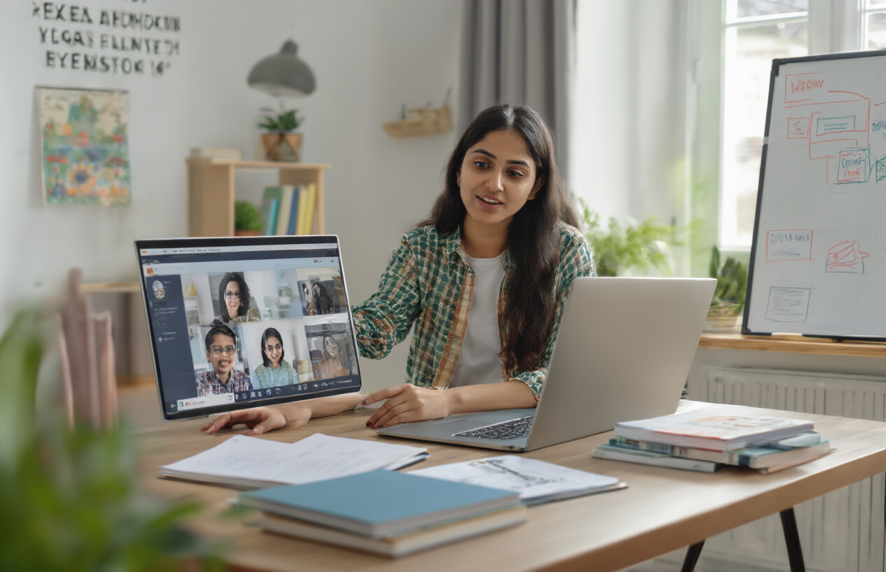 Create a realistic image of a young Indian female teacher sitting at a modern home office desk conducting an online tutoring session, with a laptop computer open showing a video call interface, educational materials like books and notebooks scattered on the desk, a comfortable home setting with good lighting from a window, a whiteboard or flip chart visible in the background, and the teacher pointing to educational content while explaining to students through the screen, creating a professional yet homely atmosphere that represents online education and coaching business from home, absolutely NO text should be in the scene.