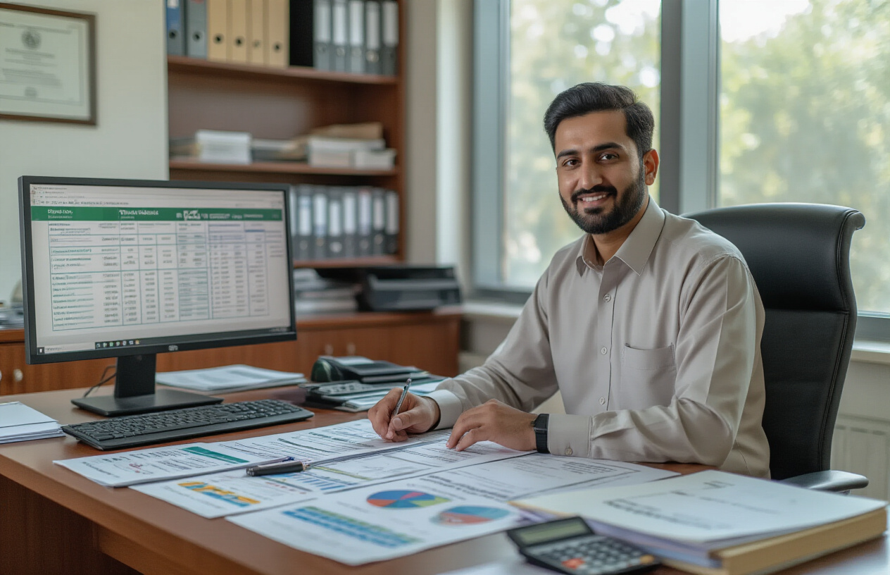 Create a realistic image of a modern university administrative office with a Pakistani male administrator in formal attire sitting at a desk with organized documents, fee charts, and academic program brochures spread across the table, a computer monitor displaying spreadsheet data, filing cabinets in the background, bright natural lighting from large windows, professional academic atmosphere with university certificates on walls, calculator and official stamps visible on desk, clean and organized workspace representing financial planning and academic fee management, Absolutely NO text should be in the scene.