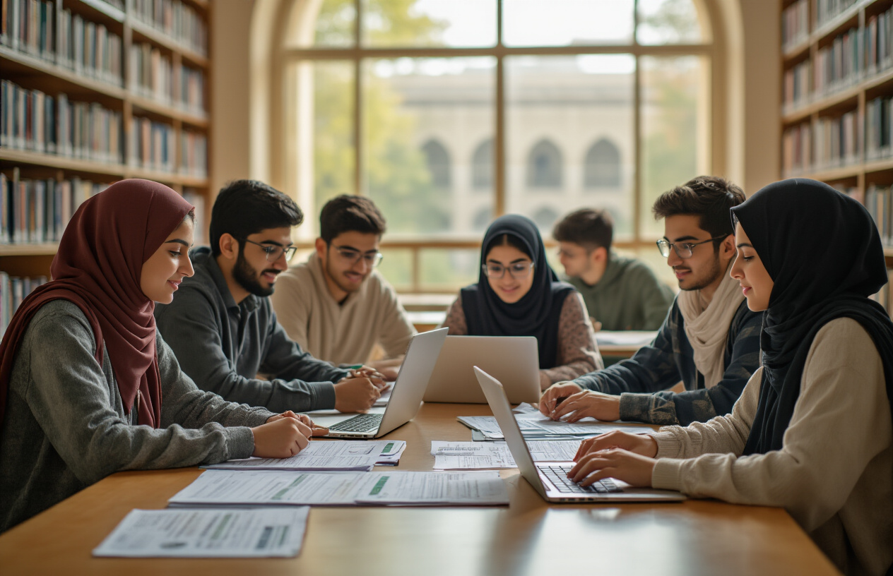 Create a realistic image of Pakistani students of diverse backgrounds (male and female, various ethnicities) sitting around a modern study table with laptops, financial aid documents, and scholarship application forms spread out, in a bright university library setting with bookshelves in the background, warm natural lighting streaming through large windows, students appearing hopeful and focused while reviewing financial documents, modern Islamic architectural elements visible through the windows, Absolutely NO text should be in the scene.