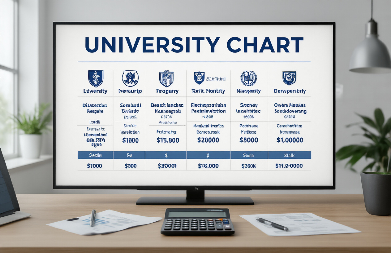 Create a realistic image of a modern comparison chart or infographic display showing multiple university logos and fee structures side by side on a large digital screen or wall-mounted display in a contemporary office setting, with clean white background, professional lighting, calculator and documents scattered on a wooden desk in the foreground, neutral academic atmosphere with soft natural lighting from windows, absolutely NO text should be in the scene.