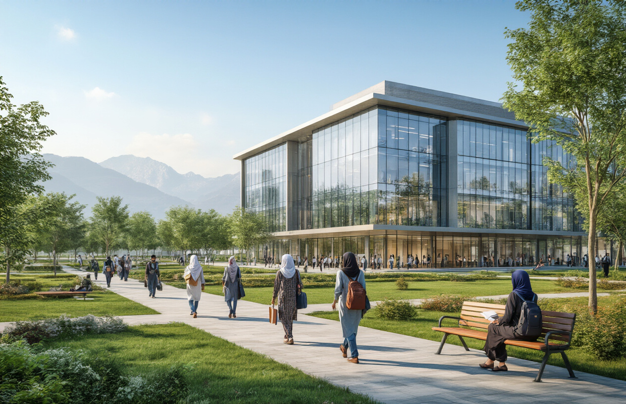 Create a realistic image of a modern university campus building with glass facades and contemporary architecture representing IQRA University in Islamabad, with Pakistani students of diverse backgrounds (both male and female, South Asian) walking on campus pathways carrying books and backpacks, lush green landscaping and trees surrounding the building, clear blue sky with soft natural lighting suggesting hope and academic achievement, graduation caps subtly placed on benches or held by some students to symbolize educational success and completion, mountains visible in the distant background representing Islamabad's landscape, warm and optimistic mood conveying the conclusion of an educational journey, absolutely NO text should be in the scene.