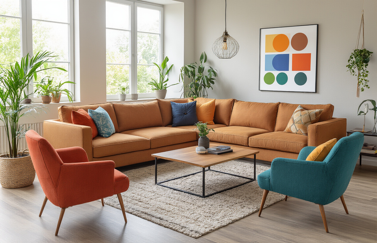 Create a realistic image of a modern living room interior showcasing the psychological impact of different furniture colors, featuring a sectional sofa in warm earth tones, wooden coffee table, vibrant accent chairs in complementary colors, decorative pillows in various hues, natural lighting streaming through large windows, plants adding greenery, neutral wall colors, and a color palette wheel or swatches subtly placed on the coffee table to represent color theory concepts, with soft ambient lighting creating a cozy atmosphere that demonstrates how different colors evoke different emotions and moods in interior design, absolutely NO text should be in the scene.
