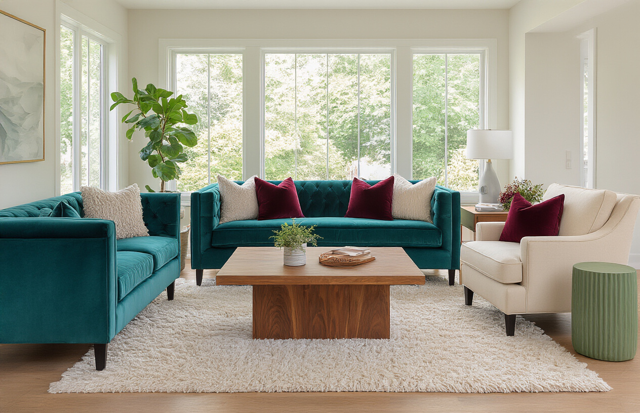 Create a realistic image of a modern living room showcasing multiple color schemes through different furniture pieces including a teal velvet sofa, warm wood coffee table, cream accent chair, burgundy throw pillows, and sage green side table, with natural lighting from large windows creating a bright and inviting atmosphere that demonstrates how various color combinations can transform a space, absolutely NO text should be in the scene.