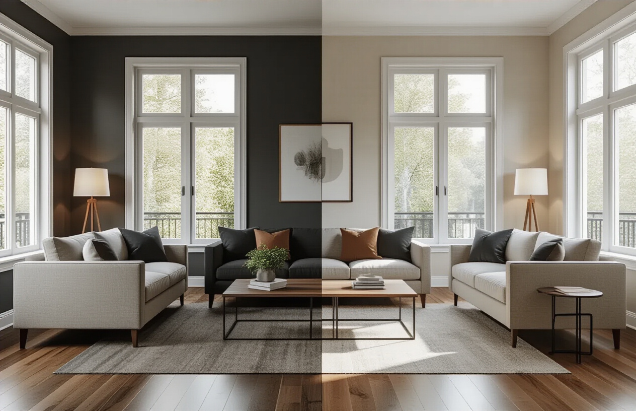 Create a realistic image of a modern living room interior showing furniture color coordination with different lighting conditions, featuring a split-screen or before-and-after comparison showing the same furniture pieces in both a small, dimly-lit room with dark furniture and a large, brightly-lit room with light-colored furniture, including sofas, coffee tables, and accent chairs in complementary color schemes, with natural sunlight streaming through large windows on one side and warm artificial lighting on the other side, demonstrating how furniture colors appear different under various lighting conditions and room sizes, with neutral wall colors and hardwood flooring throughout, captured from a wide-angle perspective to showcase the spatial differences, absolutely NO text should be in the scene.