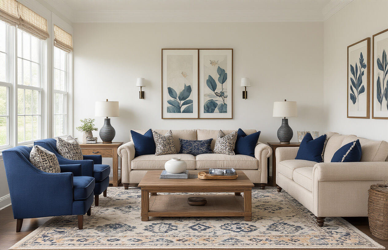 Create a realistic image of a beautifully coordinated living room interior showing furniture pieces in complementary colors working harmoniously with existing decor elements, featuring a beige sofa paired with navy blue accent chairs, wooden coffee table matching picture frames on the wall, throw pillows in coordinating earth tones, a patterned area rug that ties together the color scheme, matching table lamps with similar finishes, and wall art in colors that complement the furniture palette, all arranged in a well-lit modern living space with natural lighting from windows, absolutely NO text should be in the scene.