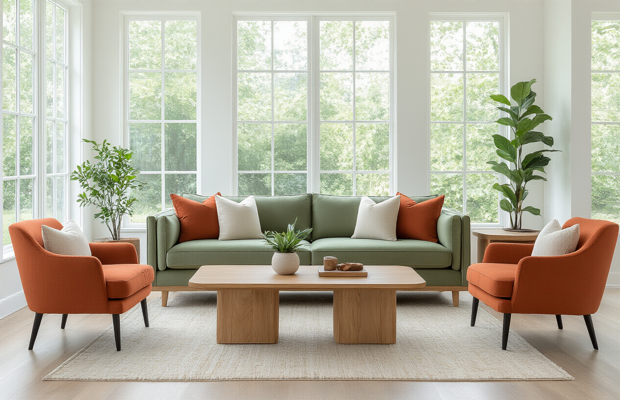 Create a realistic image of a modern living room showcasing popular furniture color trends with a stylish sofa in sage green, accent chairs in warm terracotta, a sleek coffee table in natural wood tones, and decorative pillows in neutral beige and cream colors, set against clean white walls with large windows providing natural lighting, creating a contemporary and inviting atmosphere that demonstrates current furniture color palettes for modern homes, absolutely NO text should be in the scene.