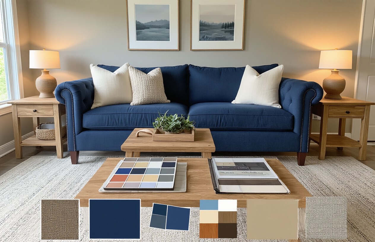 Create a realistic image of a well-organized living room showcasing furniture pieces in complementary colors including a navy blue sofa with cream throw pillows, a natural wood coffee table, and matching wooden side tables with warm lighting from table lamps, featuring color swatches and fabric samples arranged neatly on the coffee table surface, with a cozy and inviting atmosphere that demonstrates thoughtful color coordination and planning for long-term satisfaction, absolutely NO text should be in the scene.