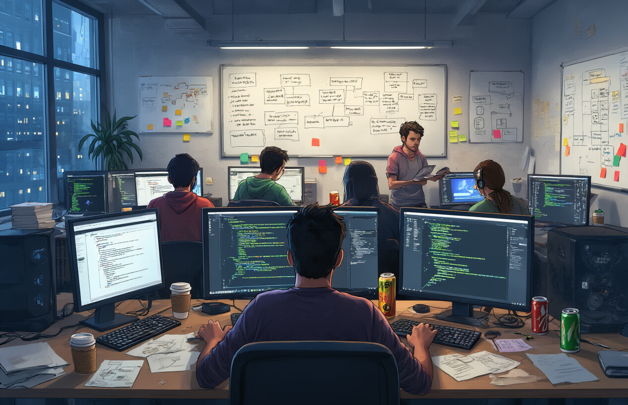Create a realistic image of a modern game development office with multiple computer workstations showing code and game development software on screens, scattered coffee cups and energy drinks on desks, whiteboards covered with technical diagrams and flowcharts, a diverse group of developers including white male and black female programmers looking stressed while working late, dim office lighting with computer screen glow illuminating faces, papers and sticky notes scattered around, depicting the intense pressure and complexity of game development challenges, absolutely NO text should be in the scene.