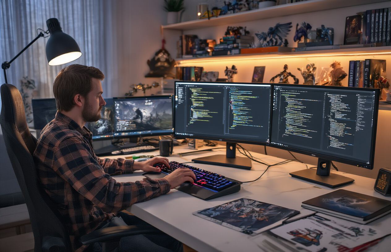 Create a realistic image of a game developer's workspace showing signs of meticulous attention to detail and quality improvement, featuring a modern computer setup with multiple monitors displaying code and 3D modeling software, scattered reference materials and concept art on a clean desk, a white male developer in casual attire working intently at the computer, warm ambient lighting from desk lamps creating a focused atmosphere, background showing shelves with gaming awards and technical books, conveying a sense of dedication and craftsmanship in game development, absolutely NO text should be in the scene.