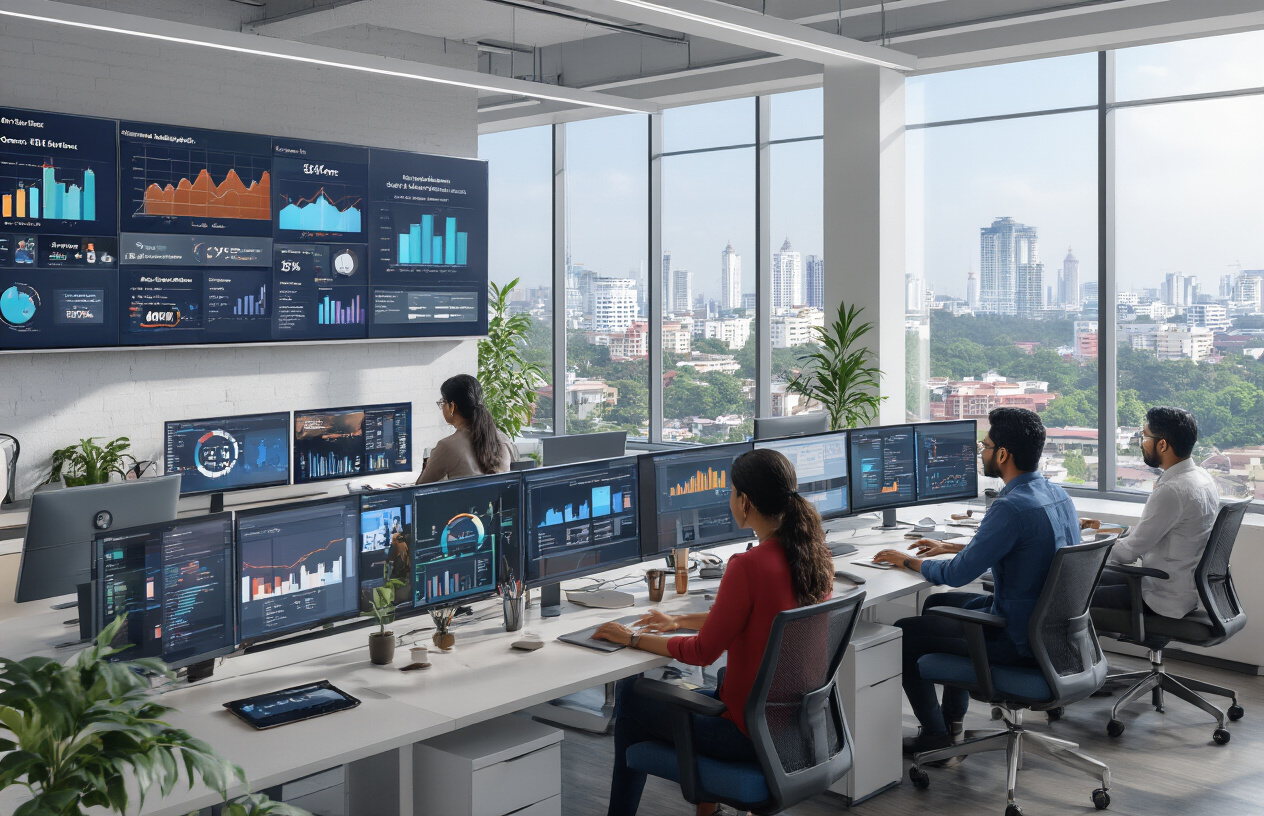 Create a realistic image of a modern office workspace showcasing various digital marketing services with multiple computer screens displaying analytics dashboards, social media platforms, and website designs, Indian professionals of mixed genders working collaboratively at sleek desks with laptops and tablets, Chennai cityscape visible through large windows in the background, bright natural lighting creating a professional atmosphere, marketing charts and graphs on wall-mounted displays, contemporary office furniture and decor, absolutely NO text should be in the scene.