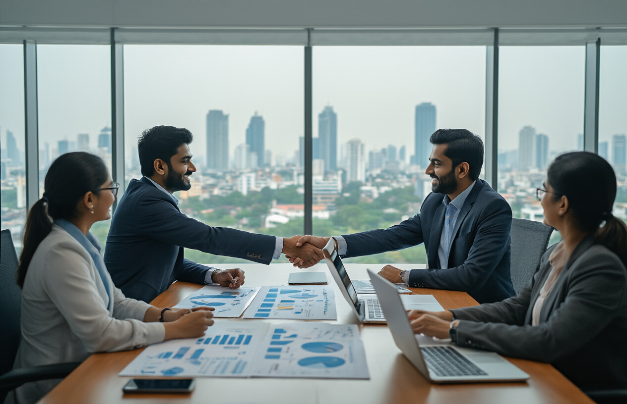 Create a realistic image of a modern office meeting room in Chennai with a South Asian male business professional in a suit shaking hands with a diverse team of digital marketing specialists around a conference table, laptops and marketing charts visible on the table, large windows showing Chennai cityscape in the background, bright professional lighting, collaborative atmosphere with people engaged in discussion, absolutely NO text should be in the scene.