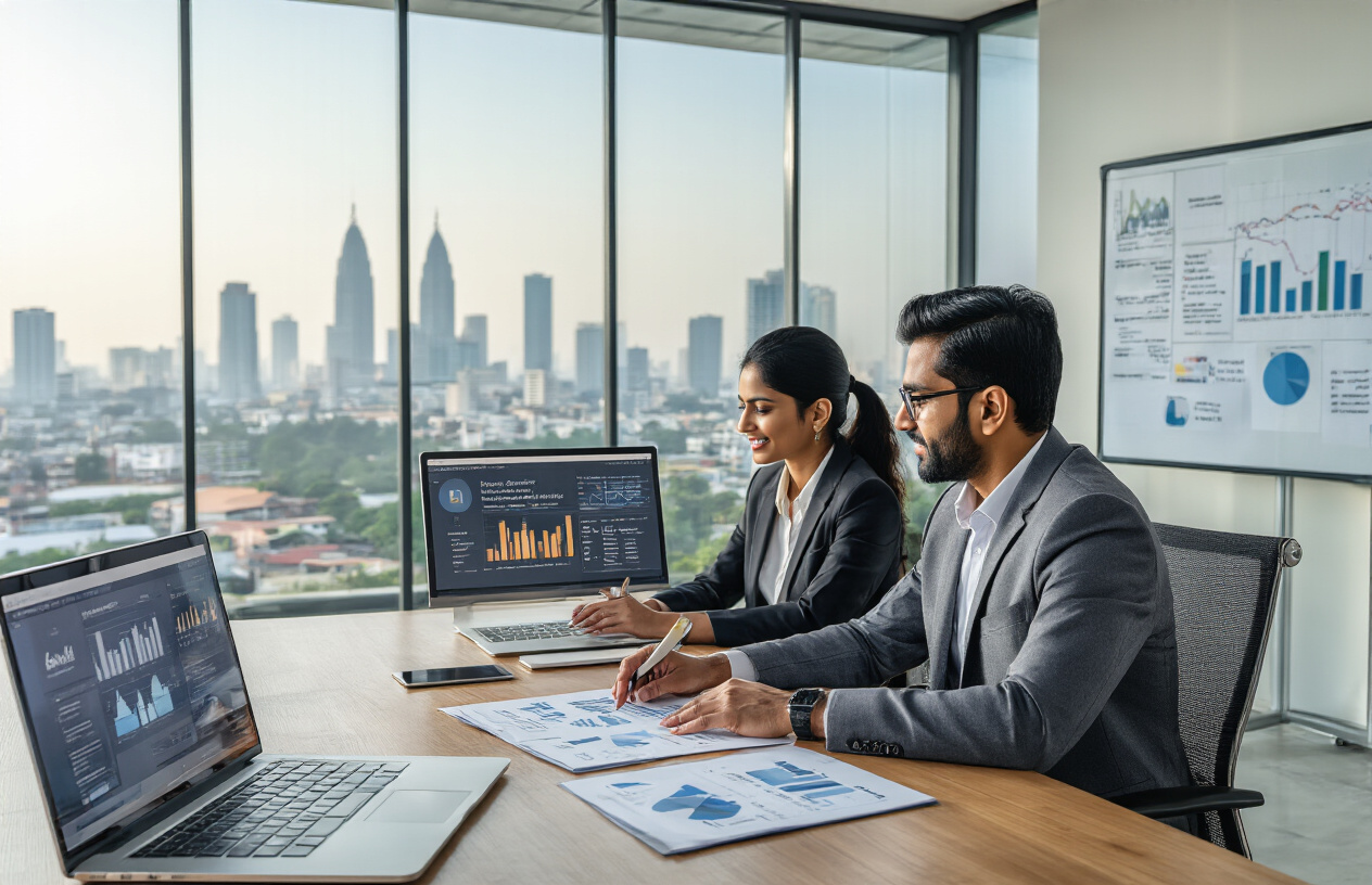 Create a realistic image of a professional Indian male and female business consultants sitting at a modern conference table reviewing digital marketing portfolio documents and laptop screens showing analytics dashboards, with Chennai city skyline visible through large glass windows in the background, bright natural lighting, clean modern office environment with evaluation charts and selection criteria visible on a whiteboard nearby, professional business atmosphere conveying decision-making process, absolutely NO text should be in the scene.