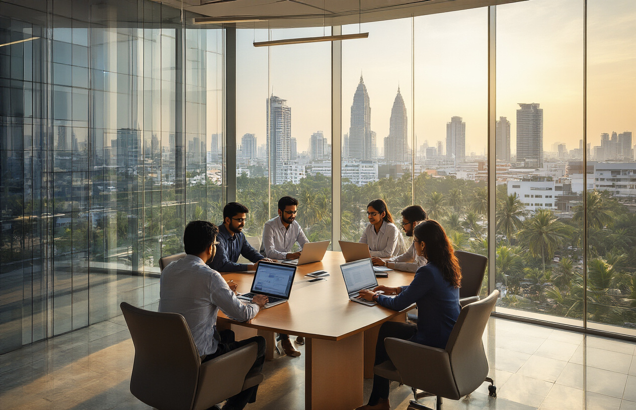 Create a realistic image of a modern office building in Chennai with glass windows reflecting the city skyline, featuring a diverse group of Indian professionals including South Asian male and female marketing experts working collaboratively around a conference table with laptops and digital devices, warm natural lighting streaming through large windows, urban Chennai cityscape visible in the background with palm trees and contemporary architecture, professional business atmosphere with a sense of success and achievement, absolutely NO text should be in the scene.