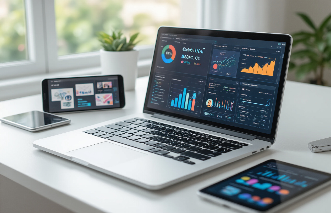 Create a realistic image of a modern digital marketing workspace featuring a sleek laptop displaying colorful AI-powered marketing analytics dashboards and social media interface mockups, surrounded by marketing materials like smartphone showing social posts, email campaign previews on a tablet, and advertising performance charts, set on a clean white desk with soft natural lighting from a window, creating a professional and innovative atmosphere that represents advanced AI marketing technology. Absolutely NO text should be in the scene.