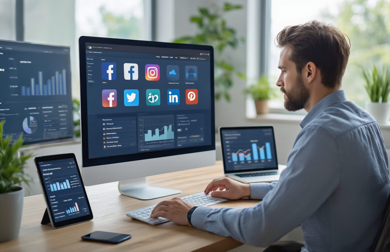 Create a realistic image of a modern workspace showing a computer screen displaying a social media dashboard interface with multiple social platform icons (Facebook, Instagram, Twitter, LinkedIn) arranged around it, a white male professional in business casual attire sitting at the desk analyzing social media metrics on the screen, mobile phone and tablet showing various social media posts layouts nearby, clean office environment with natural lighting from a window, charts and graphs visible on the screen showing engagement analytics, keyboard and mouse on the desk, professional atmosphere with soft daylight illuminating the scene, Absolutely NO text should be in the scene.