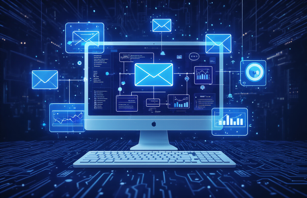 Create a realistic image of a sleek modern computer screen displaying an advanced email automation dashboard with interconnected workflow diagrams, automated sequence charts, and analytics graphs, surrounded by floating holographic email icons and automation symbols in blue and purple hues, set against a dark futuristic tech background with subtle circuit patterns, professional lighting emphasizing the digital interface elements, absolutely NO text should be in the scene.