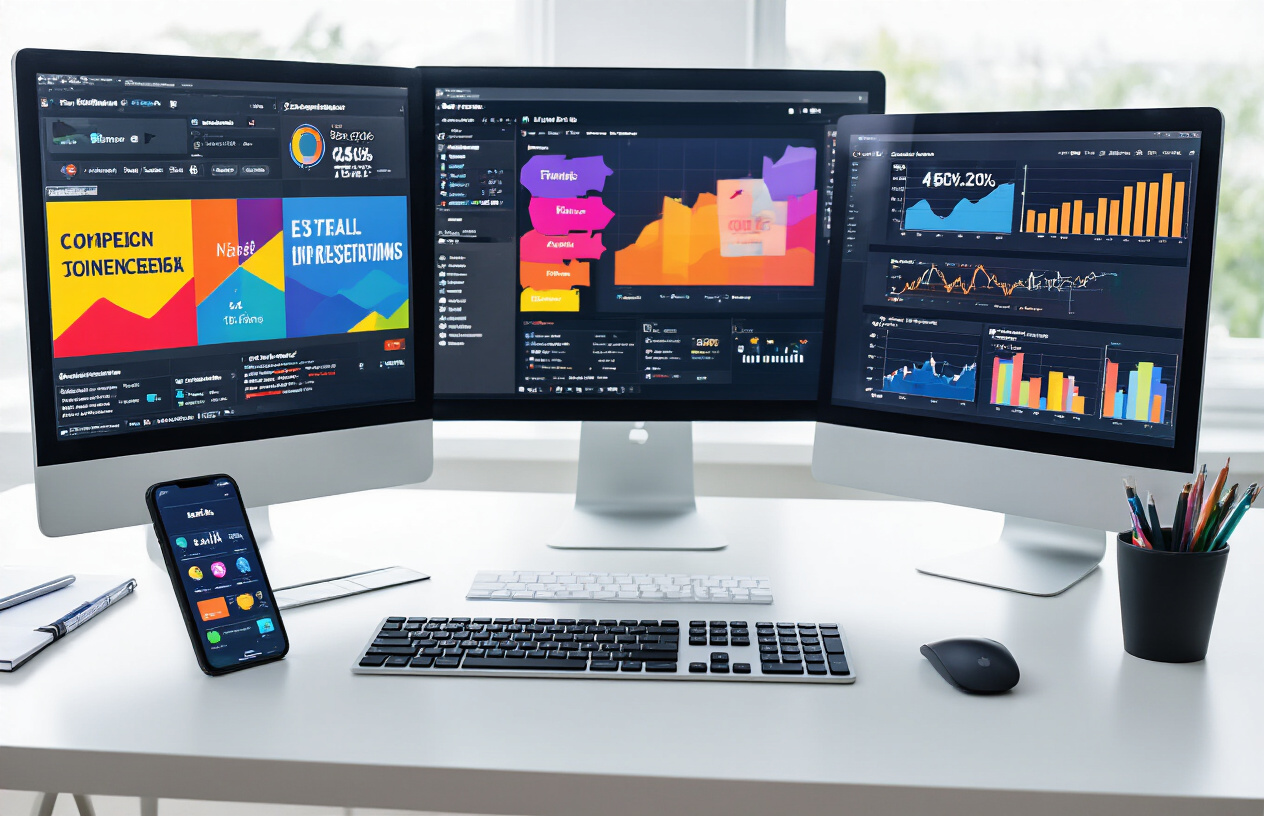 Create a realistic image of a modern digital marketing workspace showing multiple computer monitors displaying colorful advertisement designs and campaign analytics dashboards, with a clean white desk setup featuring a wireless keyboard, mouse, and smartphone showing social media ads, surrounded by marketing charts and graphs on a bright office background with natural lighting, emphasizing a professional advertising agency atmosphere. Absolutely NO text should be in the scene.