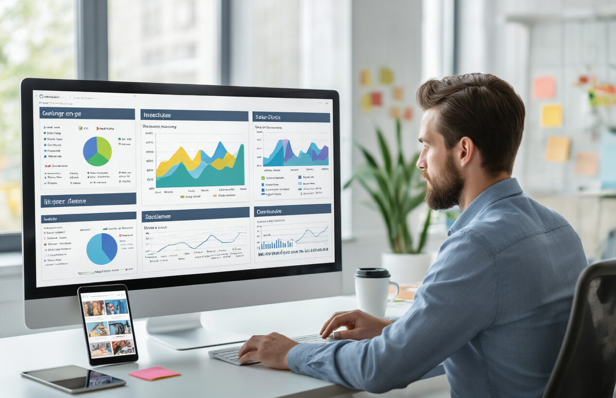 Create a realistic image of a modern workspace showing a computer monitor displaying a clean, intuitive marketing dashboard interface with colorful graphs and analytics, a white male professional in business casual attire sitting at a sleek desk evaluating the screen, surrounded by a bright office environment with natural lighting from large windows, a smartphone and tablet on the desk showing social media interfaces, sticky notes and a coffee cup nearby, conveying a focused and productive atmosphere for digital marketing tool evaluation, absolutely NO text should be in the scene.