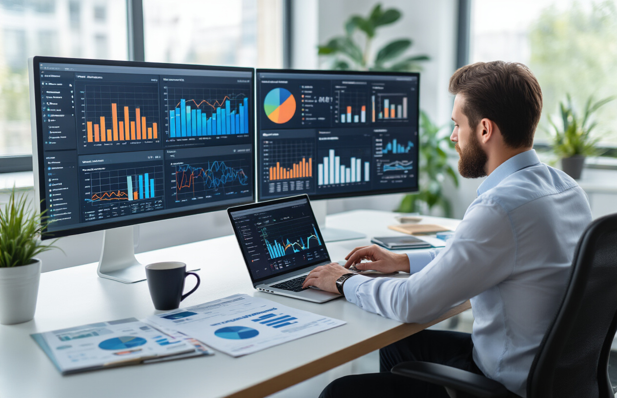 Create a realistic image of a modern office setting with multiple computer monitors displaying colorful analytics dashboards, bar charts, line graphs, and performance metrics, a white male marketing professional in business attire analyzing data on a laptop, scattered marketing campaign reports and documents on a sleek desk, smartphone showing social media engagement statistics, coffee cup, modern office chair, bright natural lighting from large windows, clean contemporary workspace with plants in background, professional atmosphere conveying data analysis and marketing performance evaluation, absolutely NO text should be in the scene.