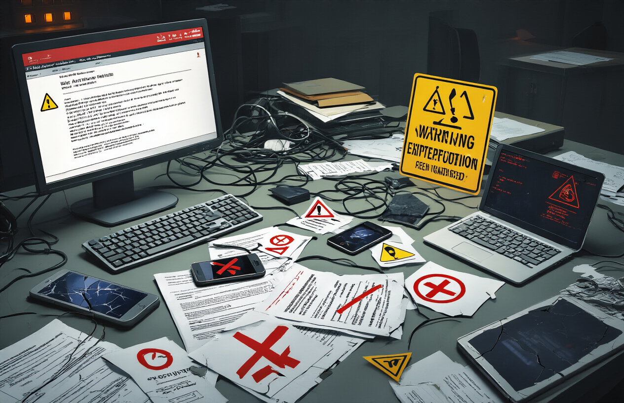 Create a realistic image of a cluttered office desk with warning signs and caution symbols scattered around, a computer screen displaying error messages and red warning icons, broken or malfunctioning digital devices like smartphones and tablets with cracked screens, tangled cables, and documents with red X marks or prohibition symbols, set against a dimly lit office background with amber warning lighting, creating a mood of concern and technical difficulties, absolutely NO text should be in the scene.