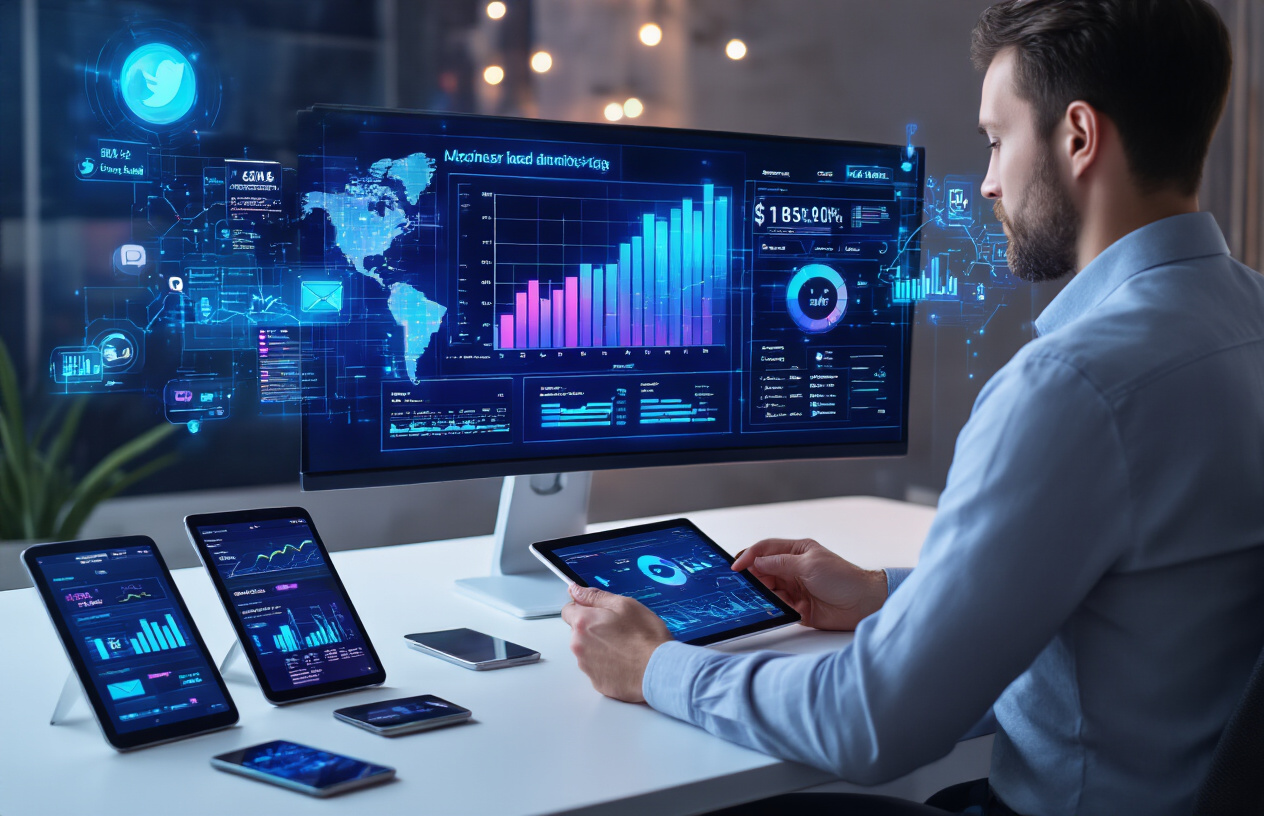 Create a realistic image of a modern digital marketing workspace featuring a sleek computer monitor displaying colorful social media analytics dashboards and email campaign metrics, with holographic AI technology elements floating around the screen in blue and purple light, a white male professional in business casual attire reviewing performance charts on a tablet, multiple mobile devices showing various social media platforms scattered on a clean white desk, soft ambient lighting with a futuristic tech atmosphere, and subtle AI circuit patterns in the background, Absolutely NO text should be in the scene.