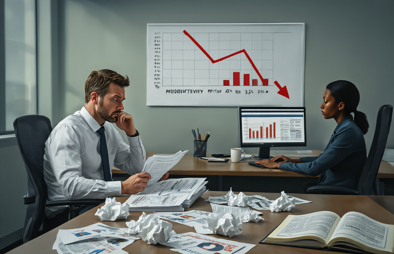 Create a realistic image of a modern corporate office environment showing the consequences of failed policies, featuring a diverse group including a white male manager looking frustrated while reviewing documents at a desk, a black female employee appearing stressed while working at a computer, crumpled policy papers scattered on desks, a wall chart showing declining productivity metrics with red downward arrows, empty office chairs suggesting high turnover, a coffee-stained policy handbook lying open, dim fluorescent lighting creating shadows, and an overall atmosphere of workplace dysfunction and decreased morale, with muted colors emphasizing the negative impact, Absolutely NO text should be in the scene.