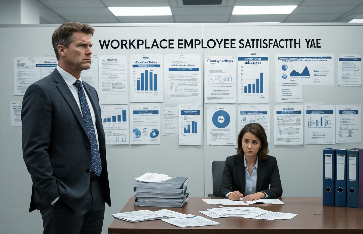 Create a realistic image of a frustrated white male manager in a business suit standing in front of a wall covered with multiple workplace policy documents and charts showing declining employee satisfaction metrics, with scattered papers on a conference table and a female black HR professional looking concerned while reviewing policy binders, set in a modern corporate office with fluorescent lighting creating a tense atmosphere, absolutely NO text should be in the scene.