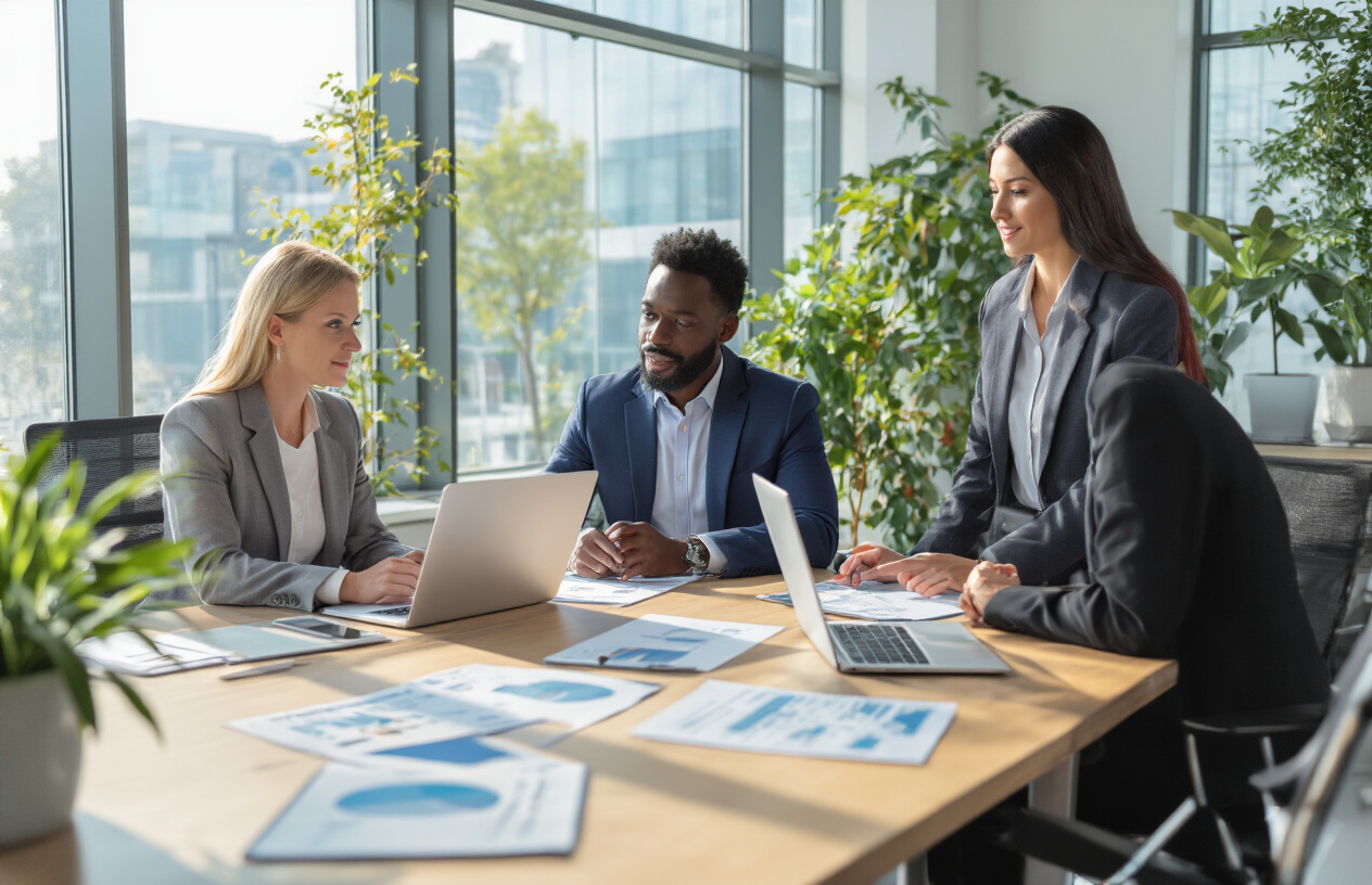 Create a realistic image of a diverse group of three business leaders - one white female CEO, one black male executive, and one Asian female manager - sitting around a modern conference table in a bright, contemporary office space, engaged in collaborative discussion with open laptops and strategic documents spread across the table, natural lighting streaming through large windows, conveying an atmosphere of innovative leadership and strategic thinking, with modern office furniture and plants in the background creating a professional yet approachable environment, absolutely NO text should be in the scene.