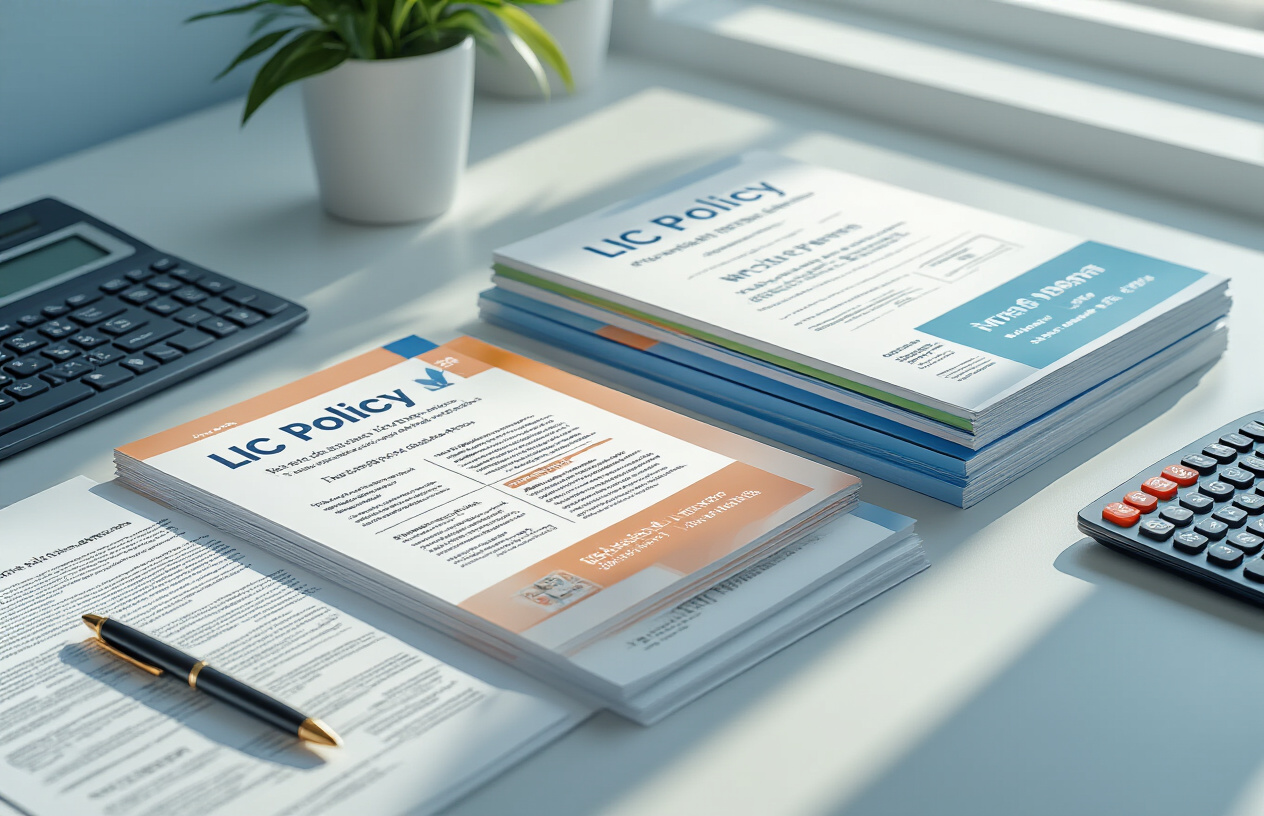 Create a realistic image of a modern office desk with multiple colorful LIC policy brochures and documents spread out in an organized manner, showing different policy types like term life, whole life, and endowment plans with distinct covers and layouts, a calculator and pen placed nearby, soft natural lighting from a window, clean professional background with subtle blue and white tones, absolutely NO text should be in the scene.