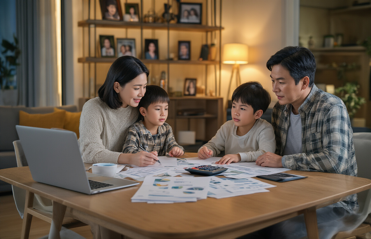 Create a realistic image of a multi-generational Asian family of four - parents in their 30s and two children - sitting together at a modern dining table with documents, calculator, and laptop spread out, engaged in serious financial planning discussion, with a cozy well-lit living room background featuring family photos on shelves, warm ambient lighting from table lamps, and the family appearing focused and collaborative while reviewing financial papers, absolutely NO text should be in the scene.