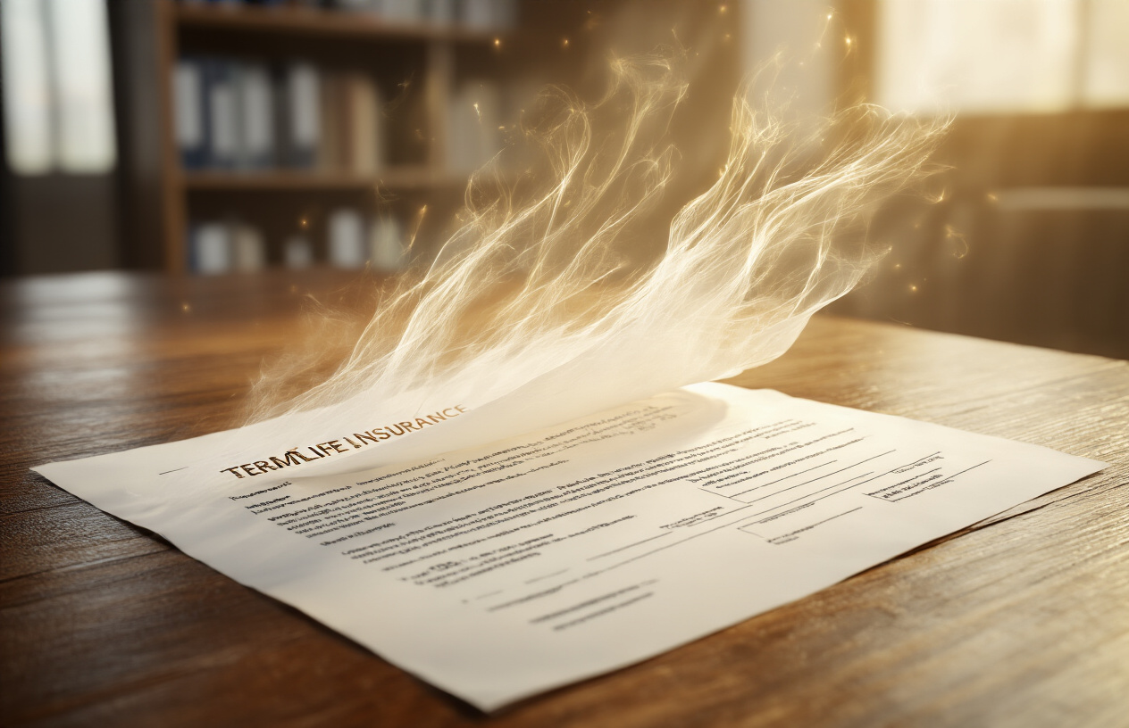 Create a realistic image of a term life insurance policy document sitting on a wooden desk that appears to be transforming or morphing into a different form, with ethereal wisps or transparent layers peeling away from the paper to show it's changing rather than vanishing, soft golden lighting illuminating the scene from above, a professional office setting in the background with blurred bookshelves, the document should look official with visible policy details but no readable text, conveying the concept of continuation and transformation rather than complete disappearance, warm and reassuring atmosphere, absolutely NO text should be in the scene.