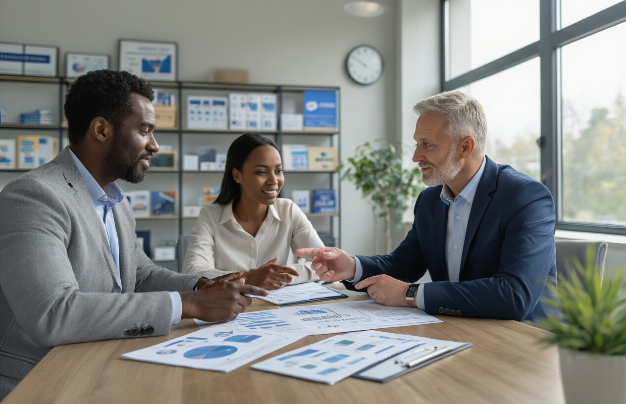Create a realistic image of a middle-aged white male insurance agent in a business suit sitting across from a diverse couple (black female and white male) at a modern office desk, with the agent pointing to insurance policy documents and conversion charts spread on the desk, bright office lighting with large windows in the background, professional and hopeful atmosphere suggesting new opportunities, with a wall displaying various insurance product brochures and a clock showing it's during business hours, absolutely NO text should be in the scene.