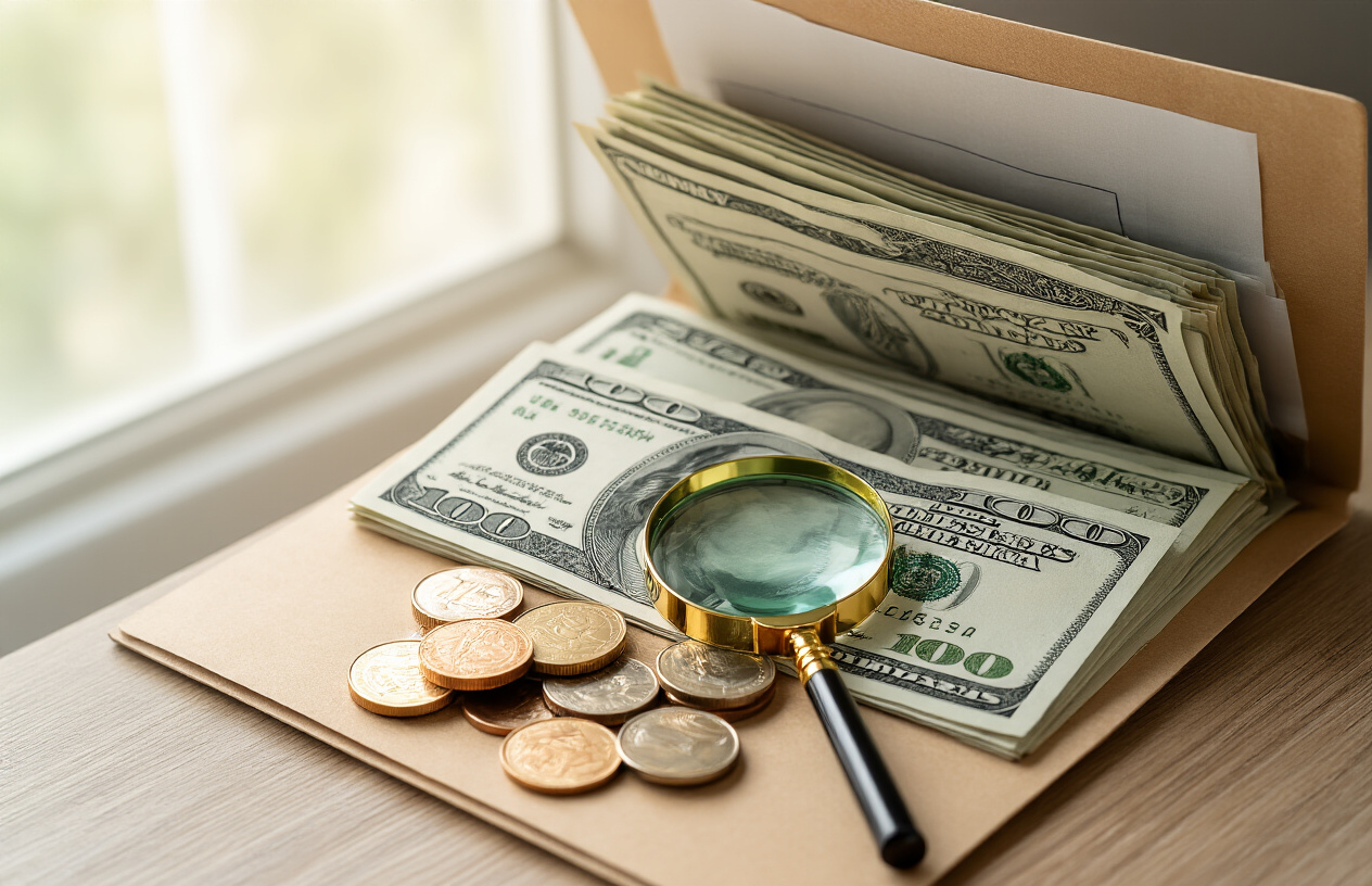 Create a realistic image of a stack of dollar bills and coins partially hidden inside an open manila folder marked with insurance documents, with a magnifying glass positioned over the cash revealing the hidden money, set on a clean wooden desk with soft natural lighting from a window, conveying the concept of discovering unexpected cash value in insurance policies, absolutely NO text should be in the scene.
