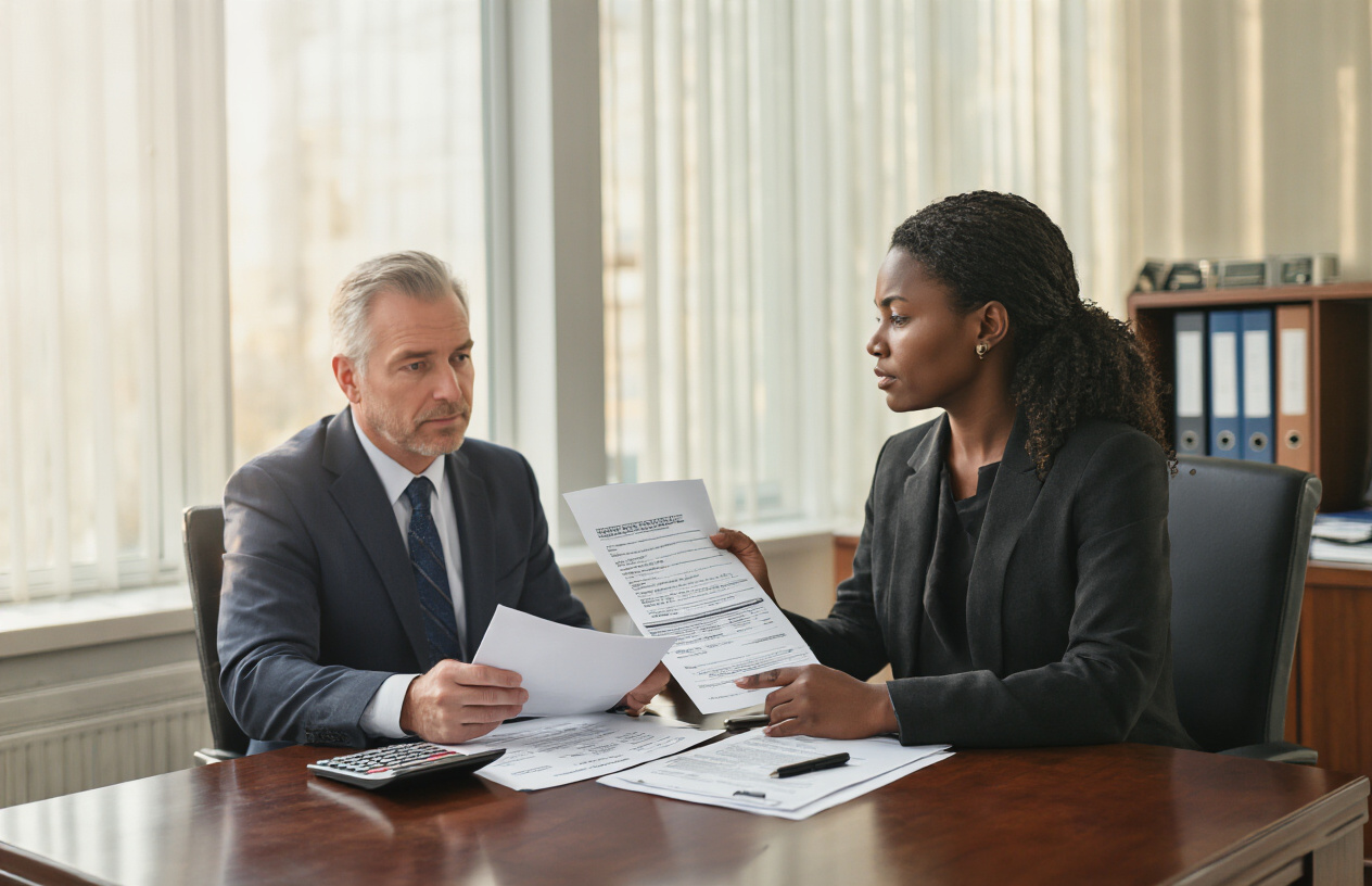 Create a realistic image of a middle-aged white male insurance agent in a professional suit sitting across from a concerned-looking black female client at a polished wooden desk in a modern office setting, with the agent holding and reviewing official insurance documents while pointing to specific sections, a calculator and pen nearby on the desk, warm natural lighting from a window creating a hopeful atmosphere suggesting renewal and second chances, with filing cabinets and professional certificates visible in the blurred background, absolutely NO text should be in the scene.