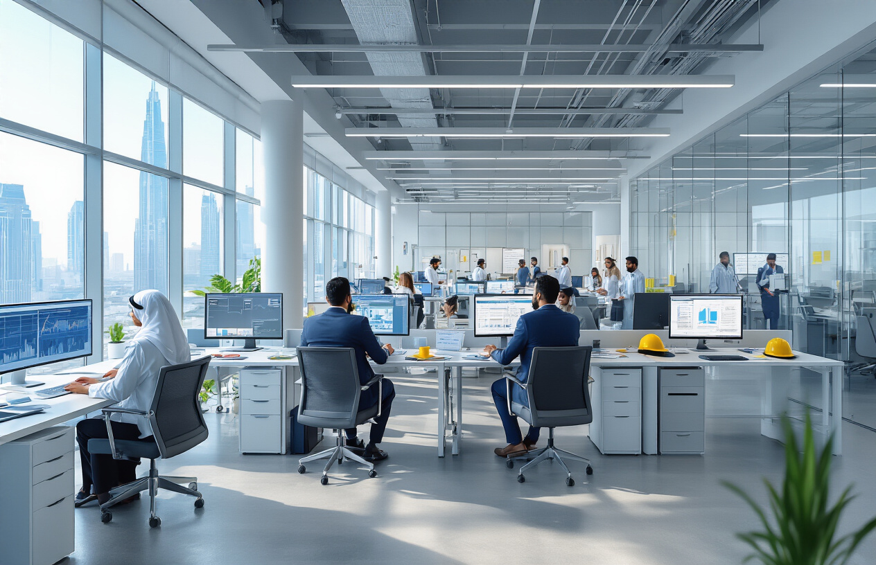 Create a realistic image of a modern bustling office environment in Riyadh showing multiple high-demand industries with diverse professionals including Middle Eastern male and female workers, Arab male in business suit at computer workstation, Middle Eastern female engineer reviewing blueprints, technology equipment like servers and computers, medical equipment and stethoscope, construction hard hats on desk, financial charts on wall monitors, contemporary glass office building interior with Saudi architectural elements visible through windows, bright professional lighting, active workplace atmosphere with people collaborating and working, clean modern furniture and workspaces representing various sectors like technology, healthcare, finance, and engineering, absolutely NO text should be in the scene.