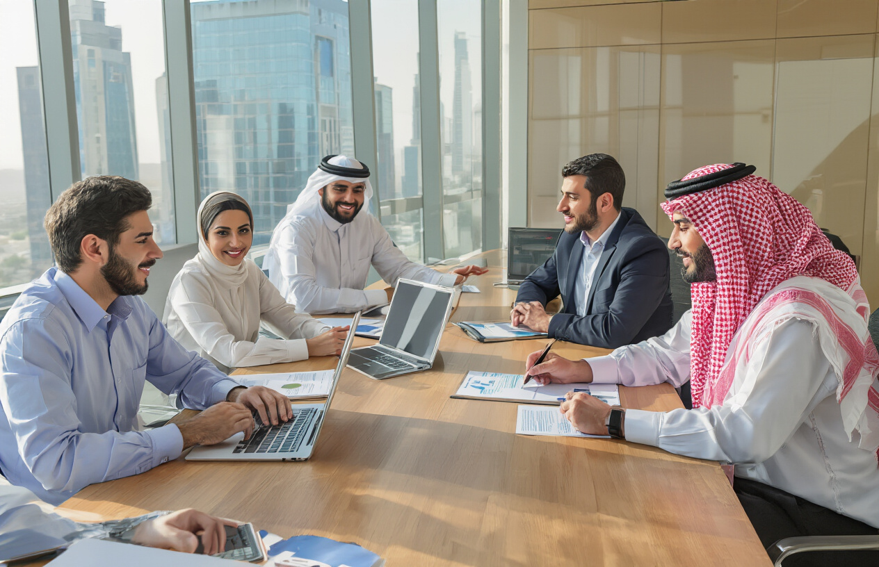 Create a realistic image of a modern office environment in Riyadh with Middle Eastern professionals in business attire engaged in collaborative work, featuring a diverse group including Arab male and female professionals around a conference table with laptops and documents, contemporary glass office buildings visible through large windows, warm natural lighting creating a professional atmosphere of growth and opportunity, with modern furniture and technology suggesting career advancement possibilities, absolutely NO text should be in the scene.
