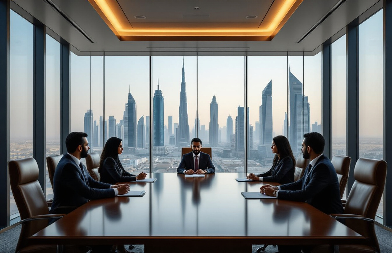 Create a realistic image of a modern corporate boardroom in Riyadh with Middle Eastern male and female executives in formal business attire sitting around a polished conference table, sleek office furniture, floor-to-ceiling windows showing the Riyadh skyline with contemporary skyscrapers in the background, professional lighting, sophisticated atmosphere with leather chairs and modern technology displays, conveying leadership and executive authority. Absolutely NO text should be in the scene.