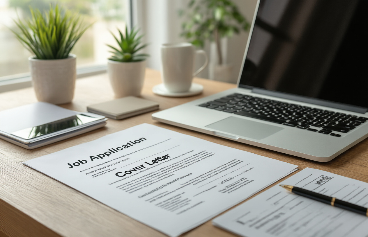Create a realistic image of a professional desk scene showing organized job application documents including a polished resume, cover letter, certificates, and identification papers neatly arranged alongside a laptop computer, with a clean modern office background, soft natural lighting from a window, and a focused productive atmosphere. Absolutely NO text should be in the scene.